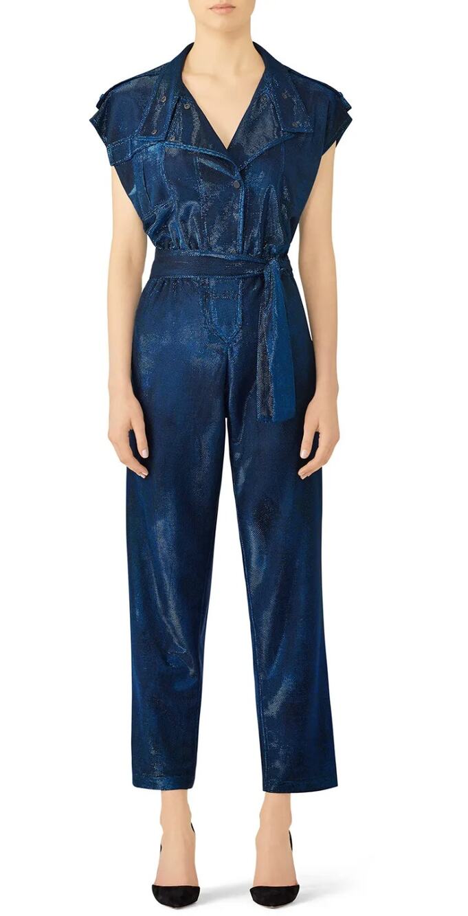 CAROLINA RITZLER Cap Sleeve Belted Metallic Jumpsuit Retro Blue Size 36 US 2